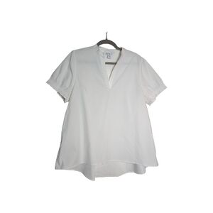 Athleta Medium White V-Neck Short Sleeve Flowy Whimsical Blouse Capsule Wardrobe